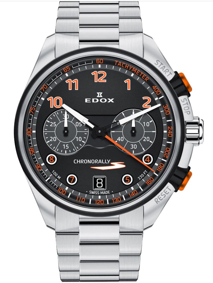 EDOX Uhr mit schwarzem Zifferblatt und orangenen arabischen Zahlen und einem silberfarbenen Edelstahlband, sowie orangenen Start und Stoppdrückern und weißen Zeigern.
Uhrreferenz: 09503 3NOM NOO