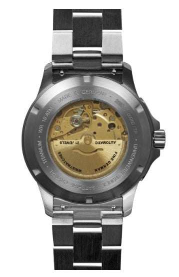 Uhr bauhaus aviation, glasboden, leuchtzeiger, leuchtindexe, automatik, gruenes zbl, titan, titanband, juwelier-risch