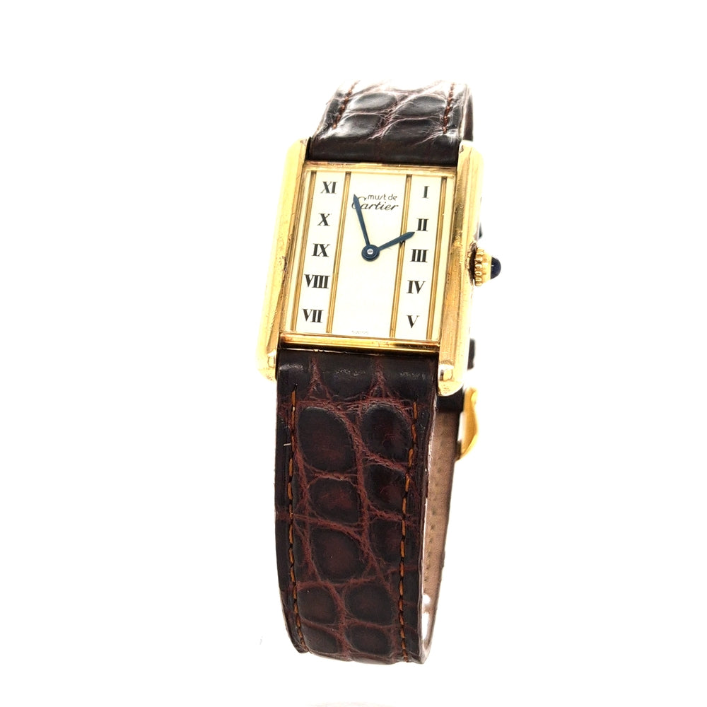 cartier-damenuhr-tank-stehend-vergoldet-roemische-Zahlen-lederband-juwelier-risch