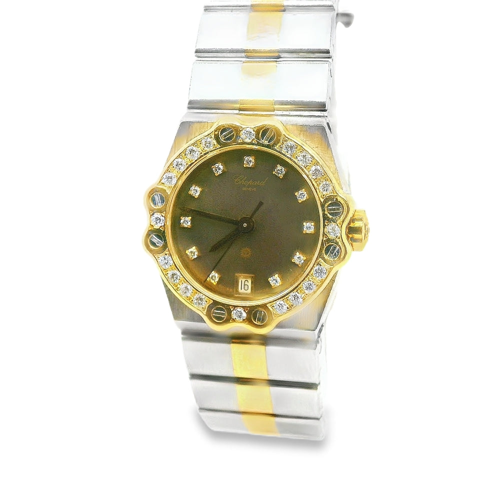 chopard-damenuhr-brillanten-frontal-haengend-quarz-Gold-juwelier-risch