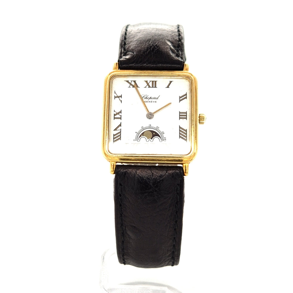 damenuhr-chopard-gebraucht-mondphase-lederband-weißes-Zifferblatt