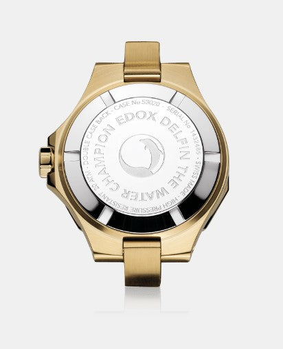 EDOX Uhr Delfin Diver Lady gelb beschichtetes Edelstahlgehäuse von unten.
Referenz 53020-37JC-NADD