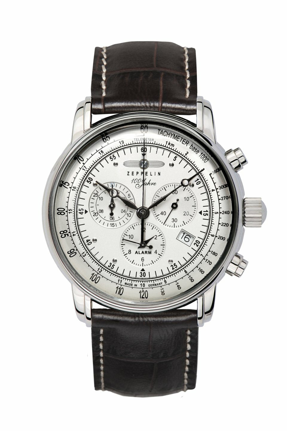 Zeppelin Uhr Chrono mit silbernem Zifferblatt und Alarmfunktion