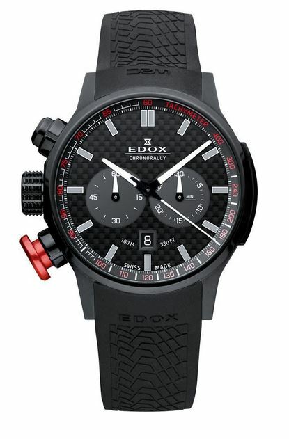 schwarze EDOX Uhr mit schwarzem Kautschukband, Drücker für Stoppfunktion und Uhrstellung auf linker Seite der Uhr. Schwarzes Carbonzifferblatt.
Uhrreferenz: 10302-37N-NIN