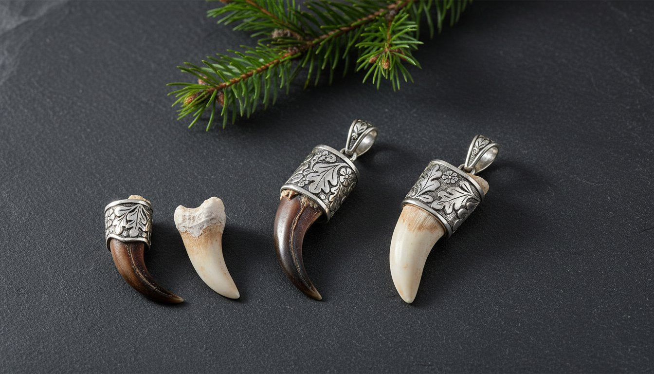 Grandeln-dachskrallen-gefasst-in-silber-als-jagdschmuck