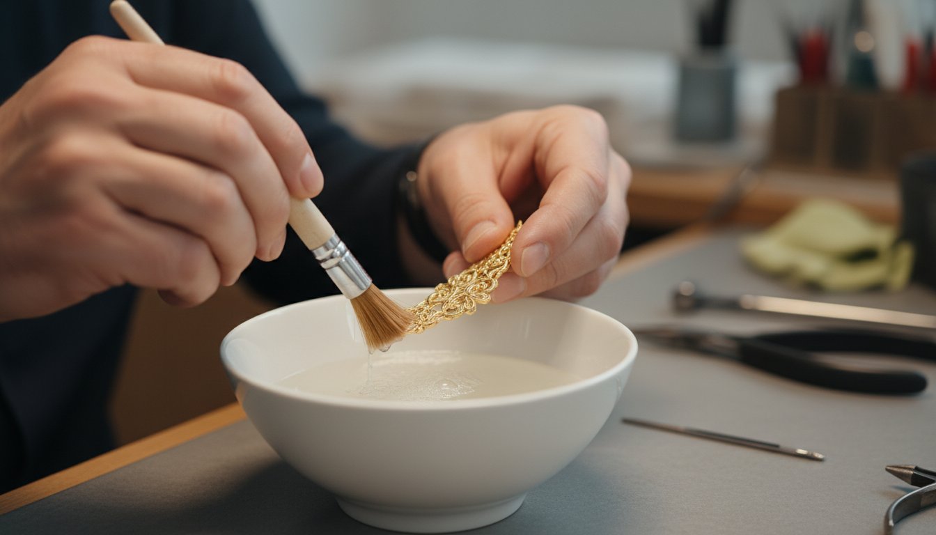 Goldschmied-pinsel-wasserschale-schmuckstueck-reinigen
