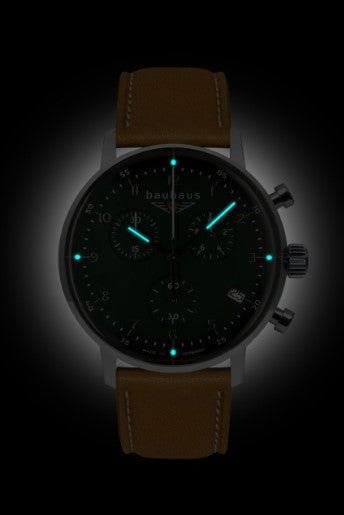 uhr bauhaus aviation, nachtansicht, stoppuhr, chrono, leuchtzeiger, leuchtindexe, quarz, gruenes zbl, juwelier-risch