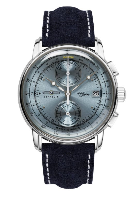 zeppelin-uhr-8670-4-100Jahre-blaues-Zifferblatt-Edelstahl-lederband-dunkelblau-quarzgesteuert-leuchtzeiger-juwelier-risch