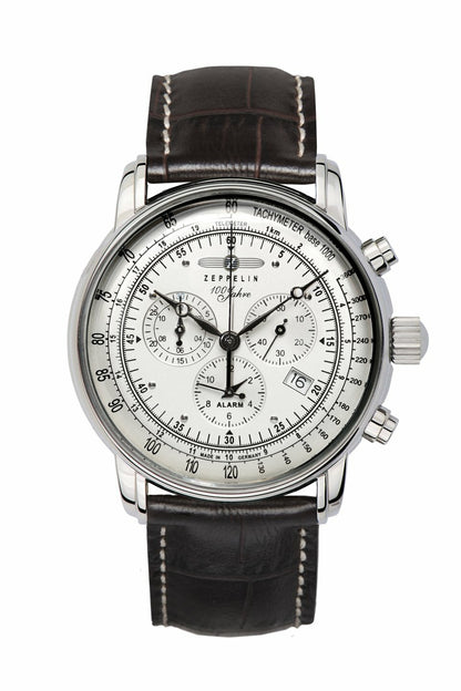 Zeppelin Uhr Chrono mit silbernem Zifferblatt  und Alarmfunktion