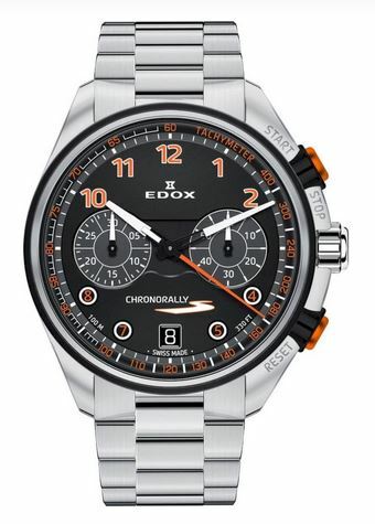 EDOX Uhr mit schwarzem Zifferblatt und orangenen arabischen Zahlen und einem silberfarbenen Edelstahlband, sowie orangenen Start und Stoppdrückern und weißen Zeigern. 
Uhrreferenz: 09503 3NOM NOO