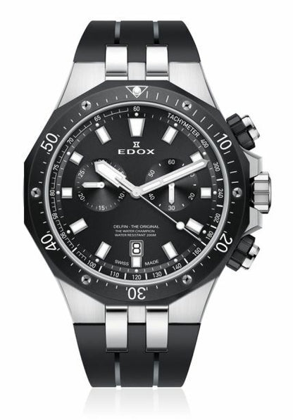 EDOX Uhr ind Edelstahl mit Kautschukband, schwarz, silbernes Gehäuse, mit Stopdrückern
Referenz 10109-357NCA-NIN