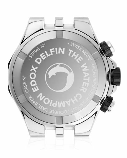 Edox Uhr Delfin von unten gesehen mit Schraubboden und Stopdrücker
in Edelstahl
Referenz 10109-357NCA-NIN